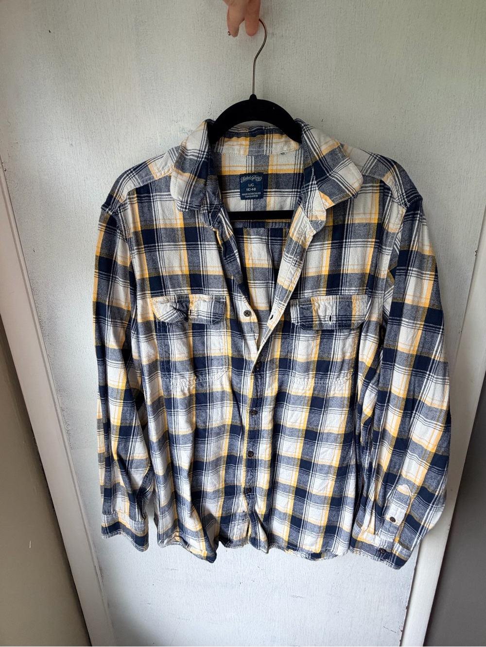 Faded Glory Plaid Button-Down Shirt in Navy, White & Yellow